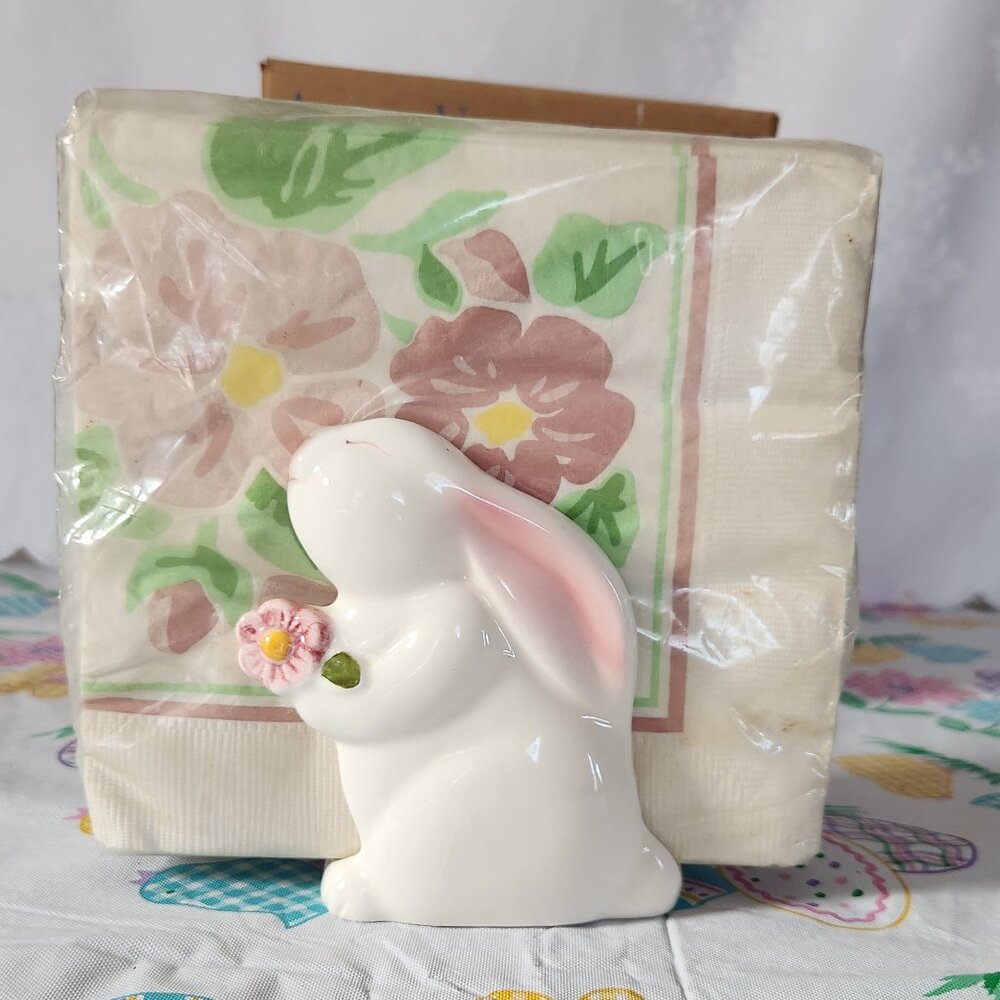 Avon Bunny Napkin Holder Original Napkins Easter Rabbit 1980's Ceramic Bunny Luv